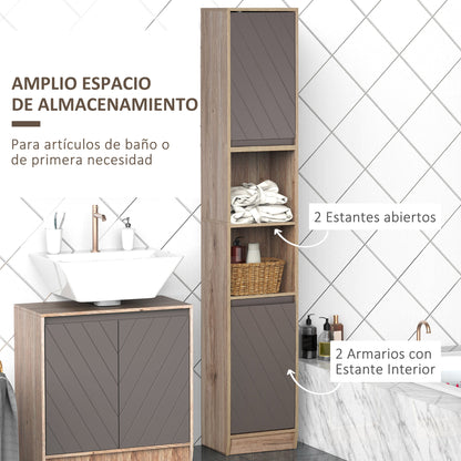 Tall Bathroom Cabinet Bathroom Column with 2 Doors and 2 Open Shelves Storage Furniture for Living Room Hallway 30x24x170 cm Oak and Gray