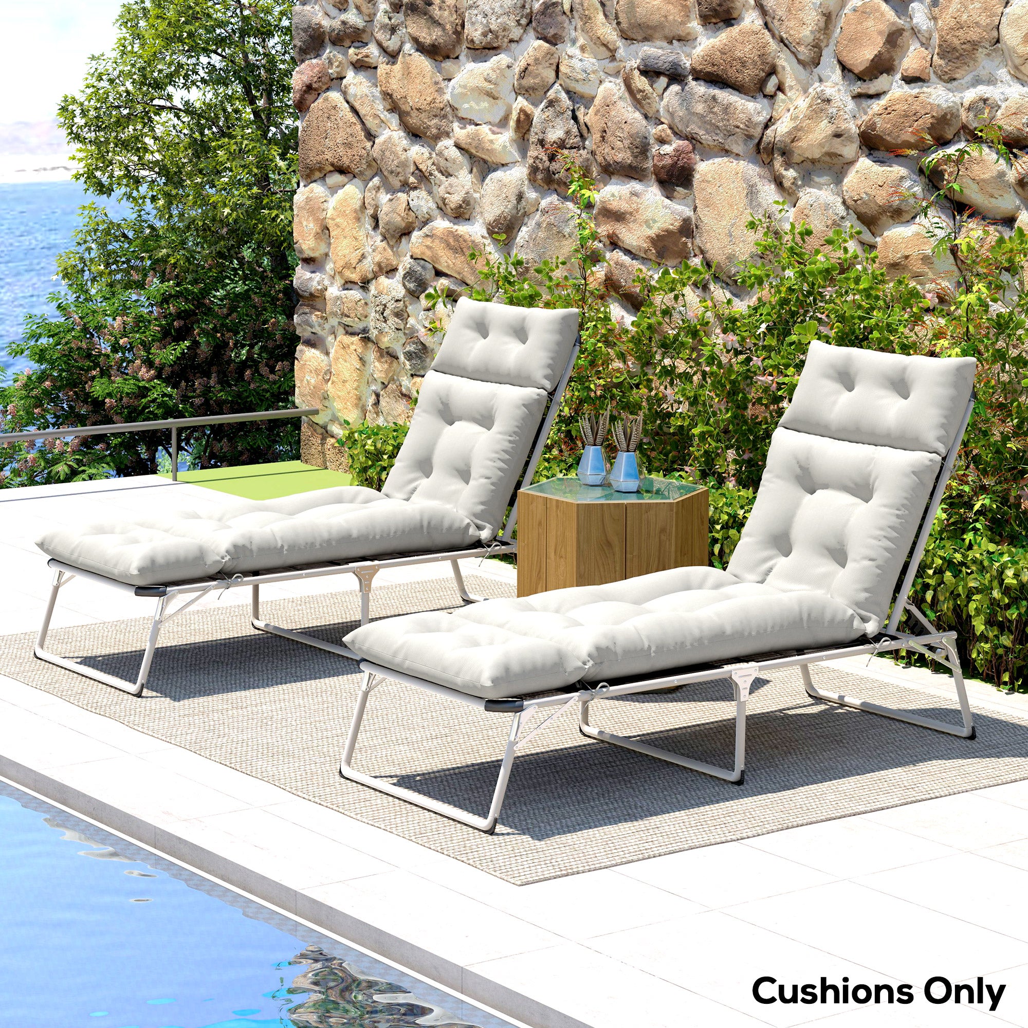 Set of 2 Sun Lounger Cushions - Thick, Comfortable, and Padded - Lounger Mat with 6 Attachments, 190 x 56 x 10 cm, Light Grey