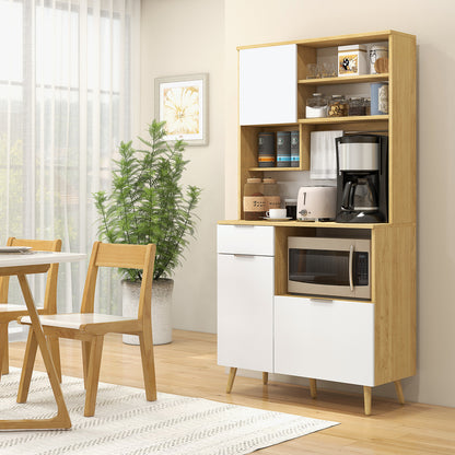 Kitchen Pantry Cabinet Kitchen Cupboard Sideboard High Cabinet with 3 Doors Drawer Adjustable Shelf Countertop for Microwave and Towel Rack 93x40x180 cm Natural and White