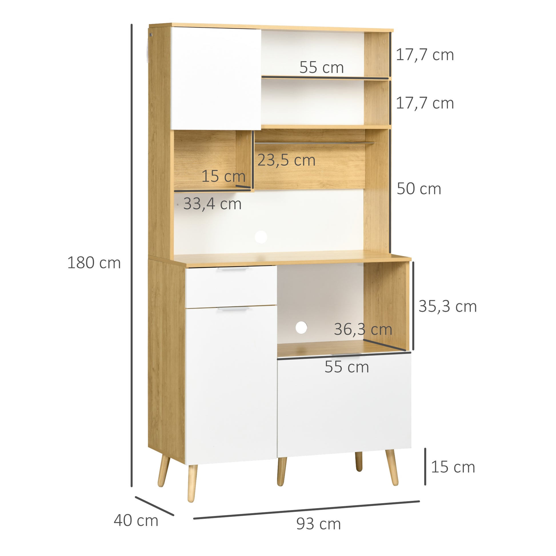 Kitchen Pantry Cabinet Kitchen Cupboard Sideboard High Cabinet with 3 Doors Drawer Adjustable Shelf Countertop for Microwave and Towel Rack 93x40x180 cm Natural and White