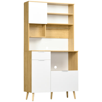 Kitchen Pantry Cabinet Kitchen Cupboard Sideboard High Cabinet with 3 Doors Drawer Adjustable Shelf Countertop for Microwave and Towel Rack 93x40x180 cm Natural and White
