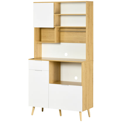 Kitchen Pantry Cabinet Kitchen Cupboard Sideboard High Cabinet with 3 Doors Drawer Adjustable Shelf Countertop for Microwave and Towel Rack 93x40x180 cm Natural and White