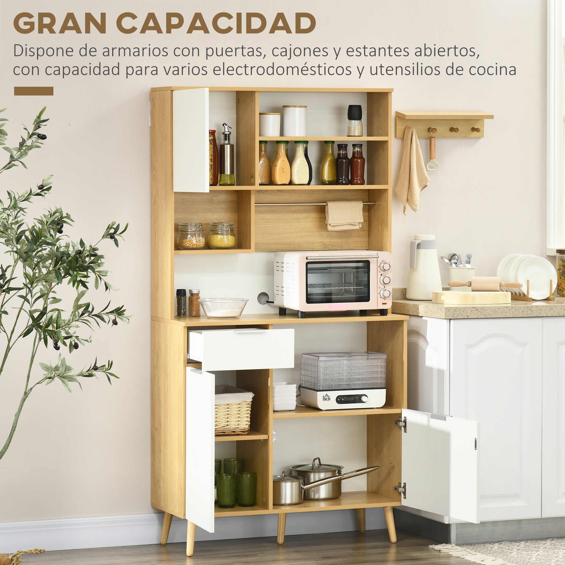 Kitchen Pantry Cabinet Kitchen Cupboard Sideboard High Cabinet with 3 Doors Drawer Adjustable Shelf Countertop for Microwave and Towel Rack 93x40x180 cm Natural and White