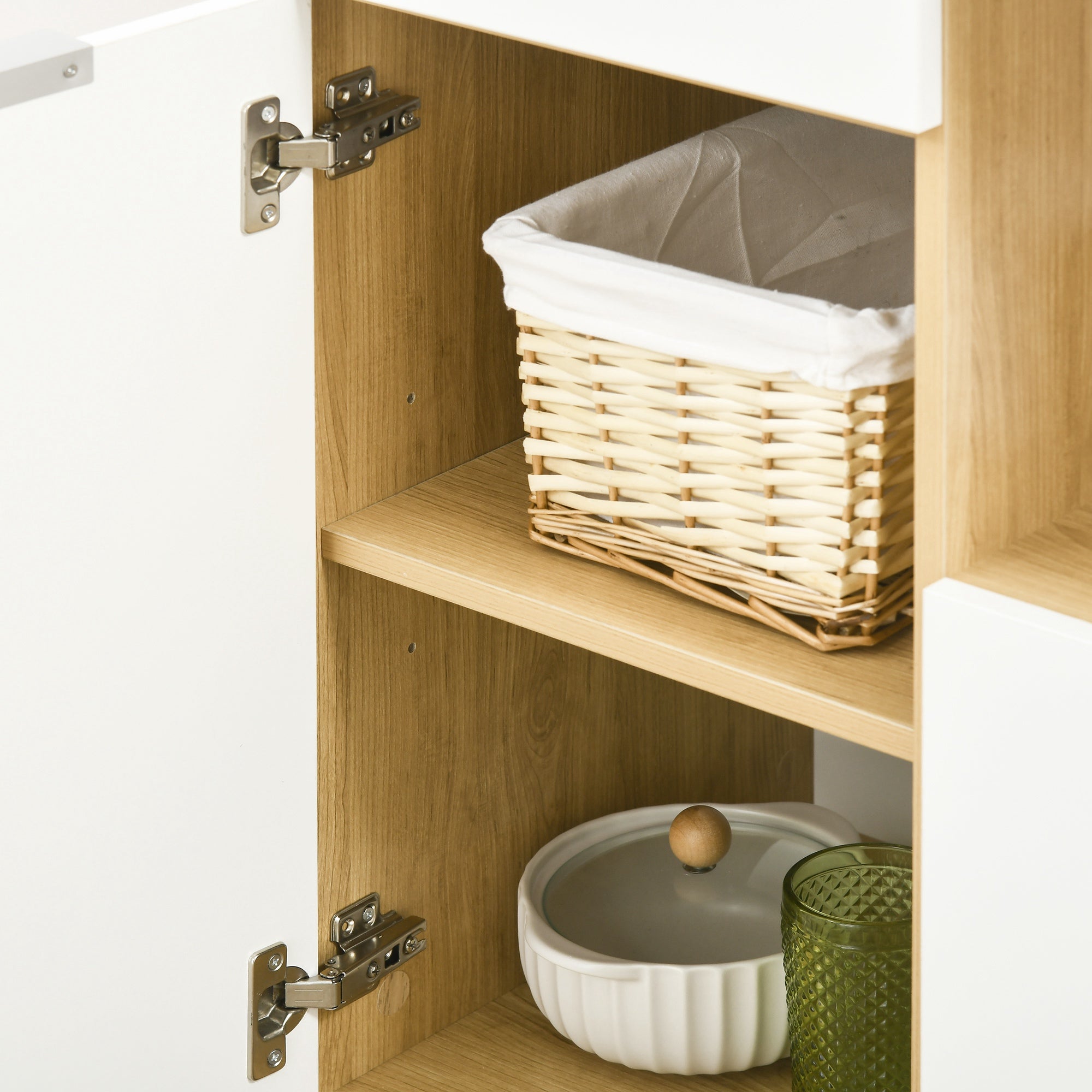 Kitchen Pantry Cabinet Kitchen Cupboard Sideboard High Cabinet with 3 Doors Drawer Adjustable Shelf Countertop for Microwave and Towel Rack 93x40x180 cm Natural and White