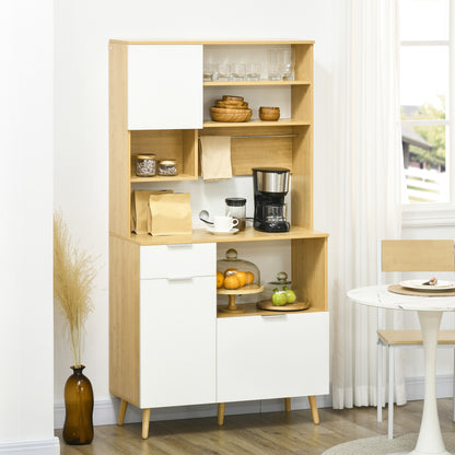 Kitchen Pantry Cabinet Kitchen Cupboard Sideboard High Cabinet with 3 Doors Drawer Adjustable Shelf Countertop for Microwave and Towel Rack 93x40x180 cm Natural and White