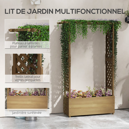 Planter with Trellis and Arch, Flower Bed with Drainage Hole and Liner, Garden Planting Bed for Climbing Plants, Solid Wood, 112 x 41 x 180 cm, Brown