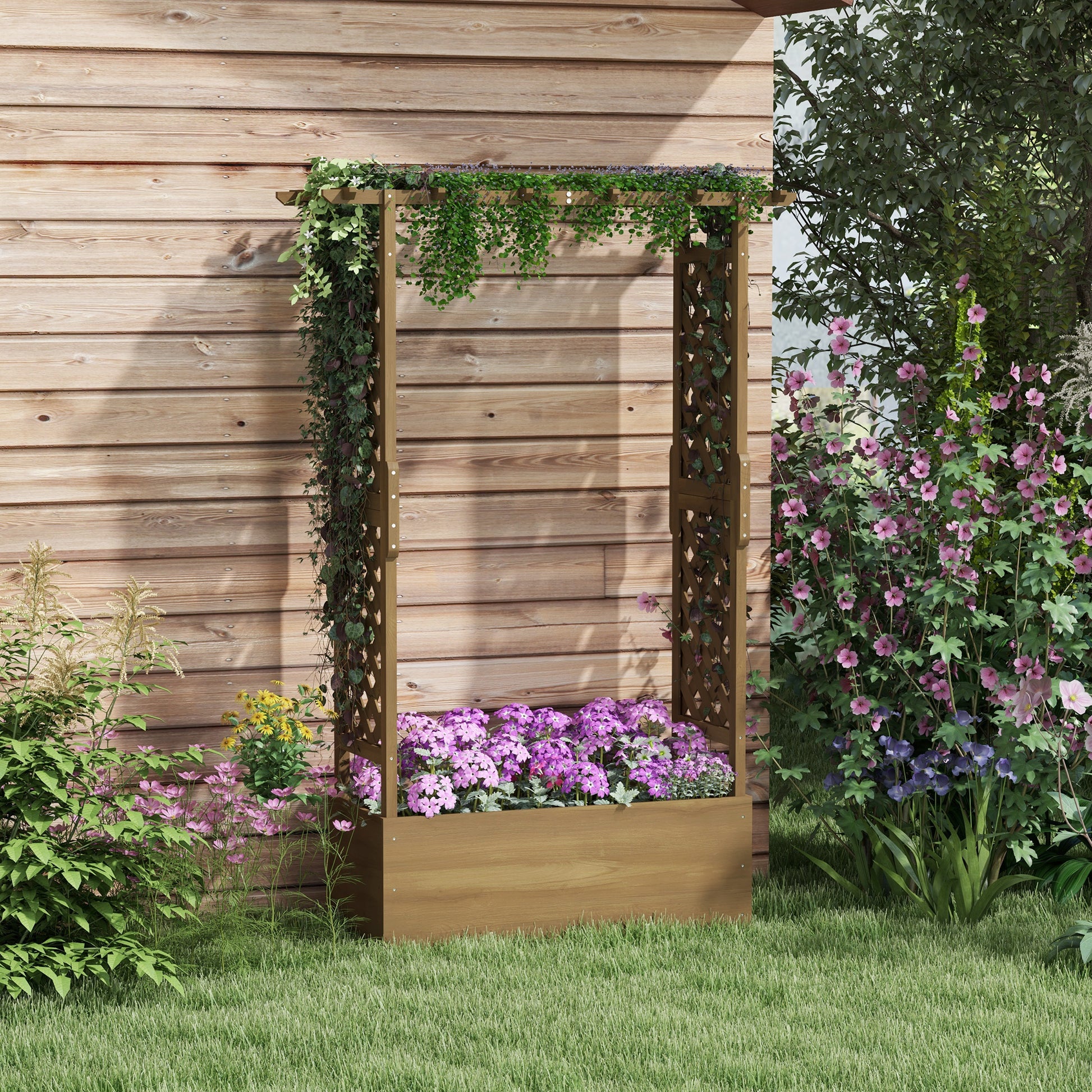Planter with Trellis and Arch, Flower Bed with Drainage Hole and Liner, Garden Planting Bed for Climbing Plants, Solid Wood, 112 x 41 x 180 cm, Brown