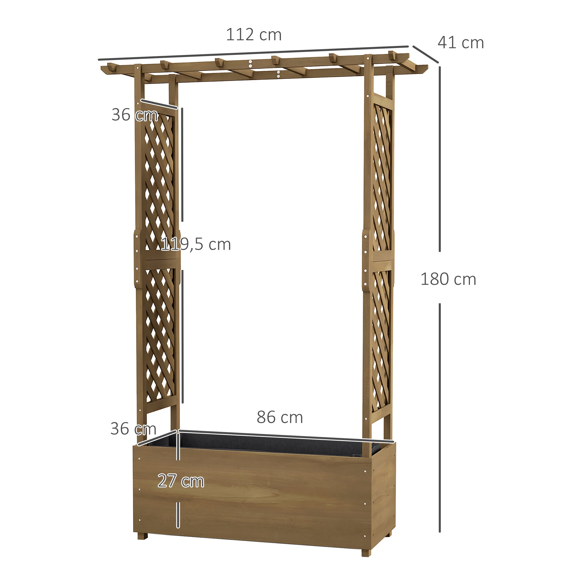 Planter with Trellis and Arch, Flower Bed with Drainage Hole and Liner, Garden Planting Bed for Climbing Plants, Solid Wood, 112 x 41 x 180 cm, Brown