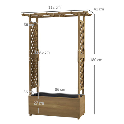 Planter with Trellis and Arch, Flower Bed with Drainage Hole and Liner, Garden Planting Bed for Climbing Plants, Solid Wood, 112 x 41 x 180 cm, Brown