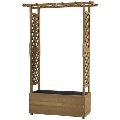 Planter with Trellis and Arch, Flower Bed with Drainage Hole and Liner, Garden Planting Bed for Climbing Plants, Solid Wood, 112 x 41 x 180 cm, Brown