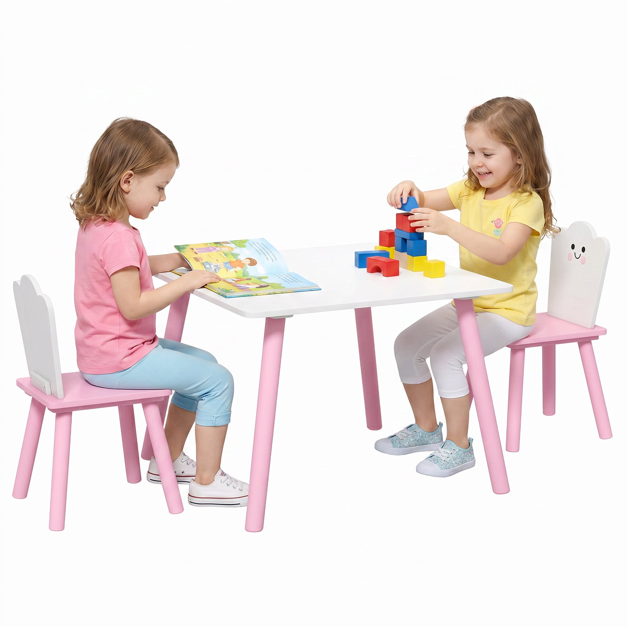 Kids Table with 2 Chairs — Wooden Activity Set for Drawing, Play & Study, Gift for Boys & Girls Ages 3–6, Pink