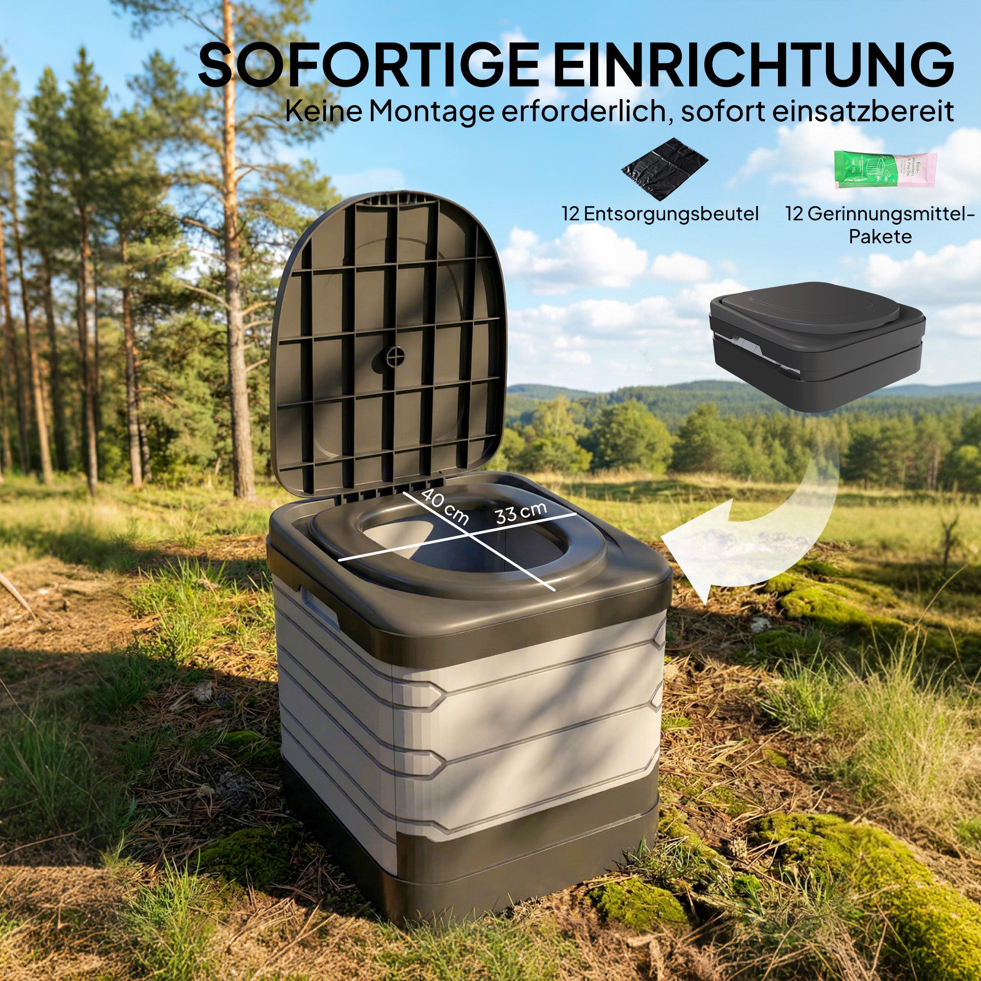 Foldable Travel Camping Toilet – Portable Dry Toilet with 12 Coagulant Sachets & 12 Disposal Bags, Supports up to 330 lb, Gray