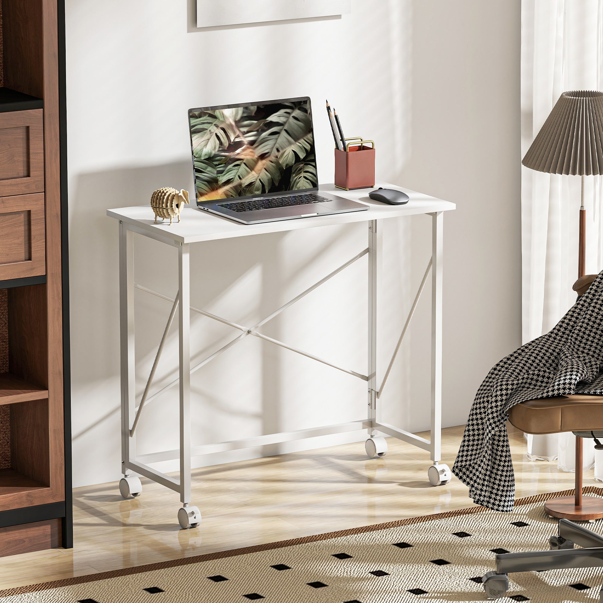 Folding Computer Desk, 31.5 x 15.7 in, Rolling Modern Desk for Home, Bedroom & Small Spaces, White