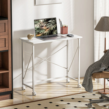 Folding Computer Desk, 31.5 x 15.7 in, Rolling Modern Desk for Home, Bedroom & Small Spaces, White