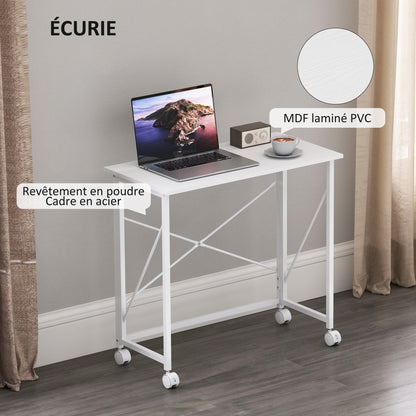 Folding Computer Desk, 31.5 x 15.7 in, Rolling Modern Desk for Home, Bedroom & Small Spaces, White