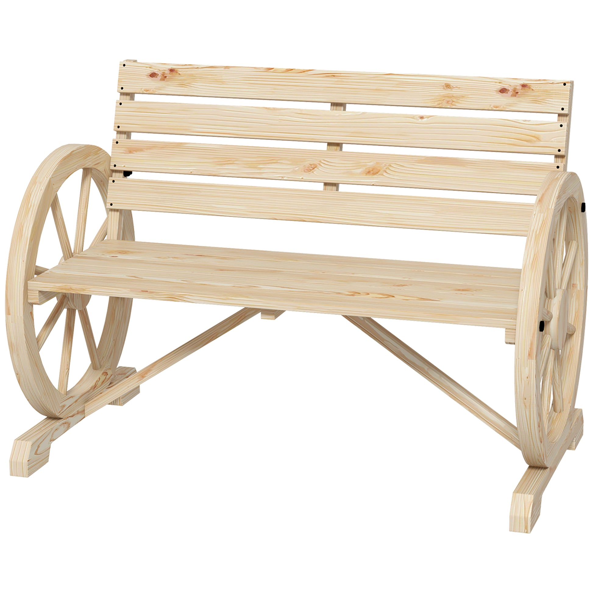2-Seater Garden Bench, Weatherproof Bench, Garden Furniture with Backrest, Armrests in Wheel Shape Park Bench 240kg Load-Bearing, Balcony Bench, Wooden Bench for Balcony, Garden, 105.5 x 56 x 79 cm, Natural Wood