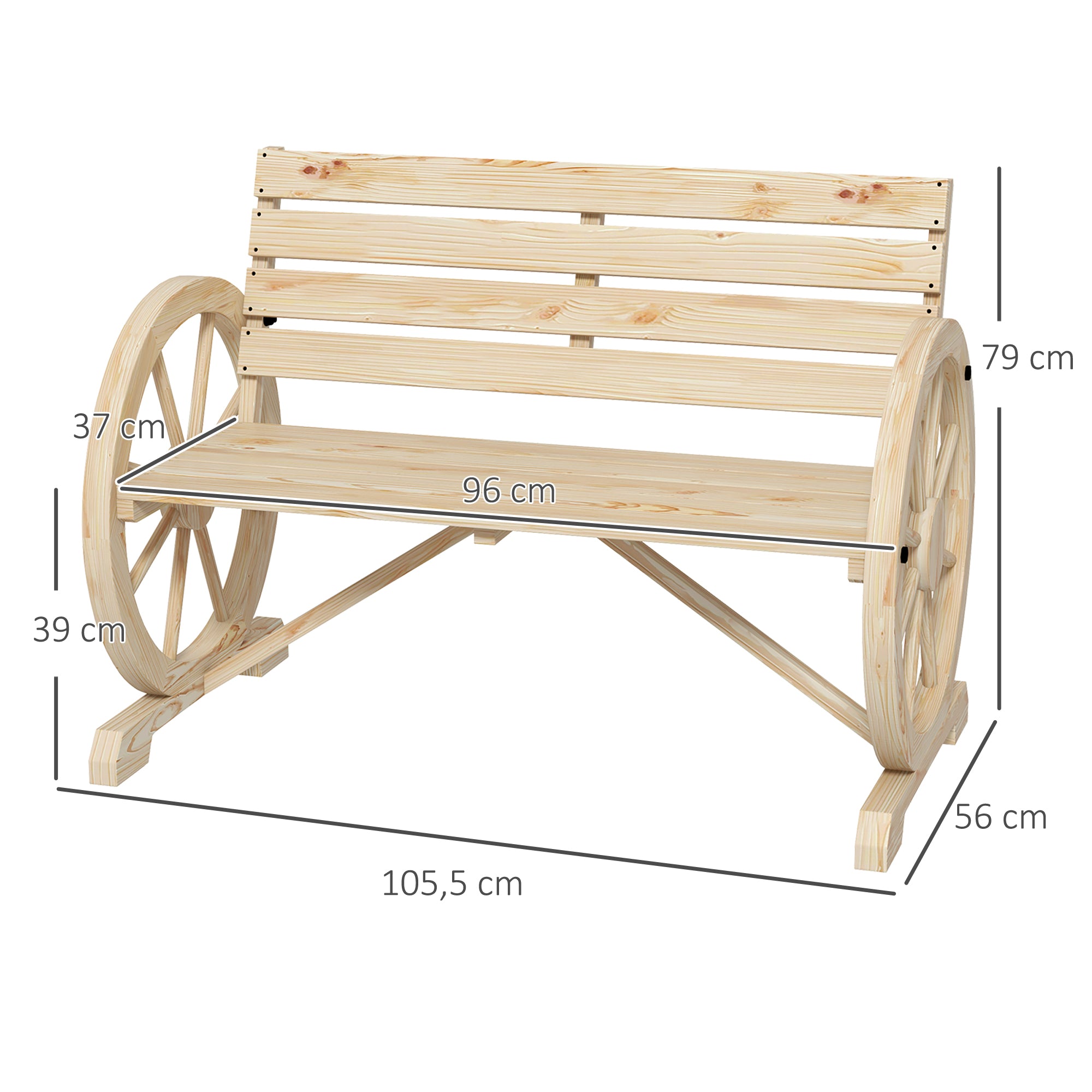 2-Seater Garden Bench, Weatherproof Bench, Garden Furniture with Backrest, Armrests in Wheel Shape Park Bench 240kg Load-Bearing, Balcony Bench, Wooden Bench for Balcony, Garden, 105.5 x 56 x 79 cm, Natural Wood