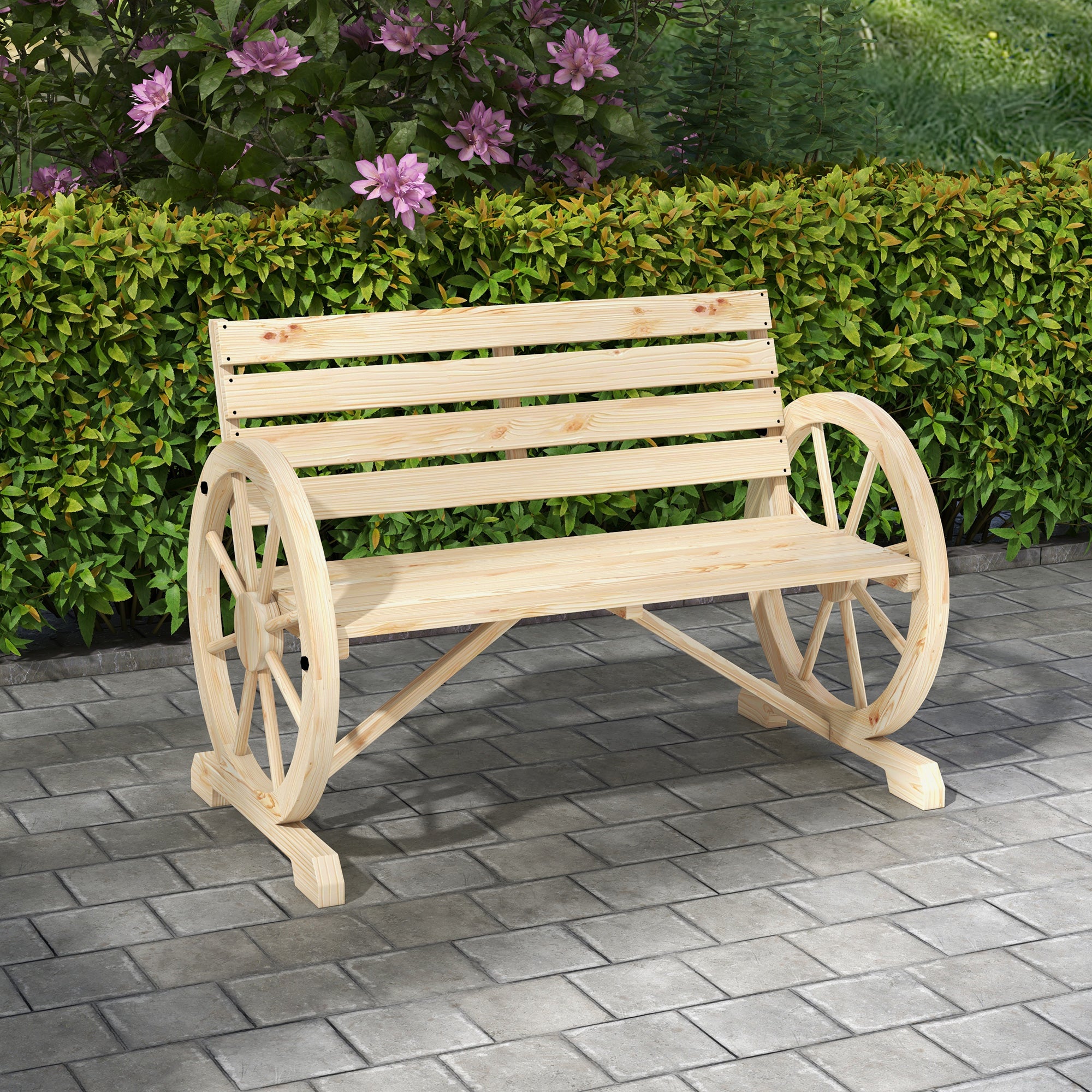 2-Seater Garden Bench, Weatherproof Bench, Garden Furniture with Backrest, Armrests in Wheel Shape Park Bench 240kg Load-Bearing, Balcony Bench, Wooden Bench for Balcony, Garden, 105.5 x 56 x 79 cm, Natural Wood