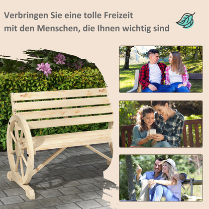 2-Seater Garden Bench, Weatherproof Bench, Garden Furniture with Backrest, Armrests in Wheel Shape Park Bench 240kg Load-Bearing, Balcony Bench, Wooden Bench for Balcony, Garden, 105.5 x 56 x 79 cm, Natural Wood