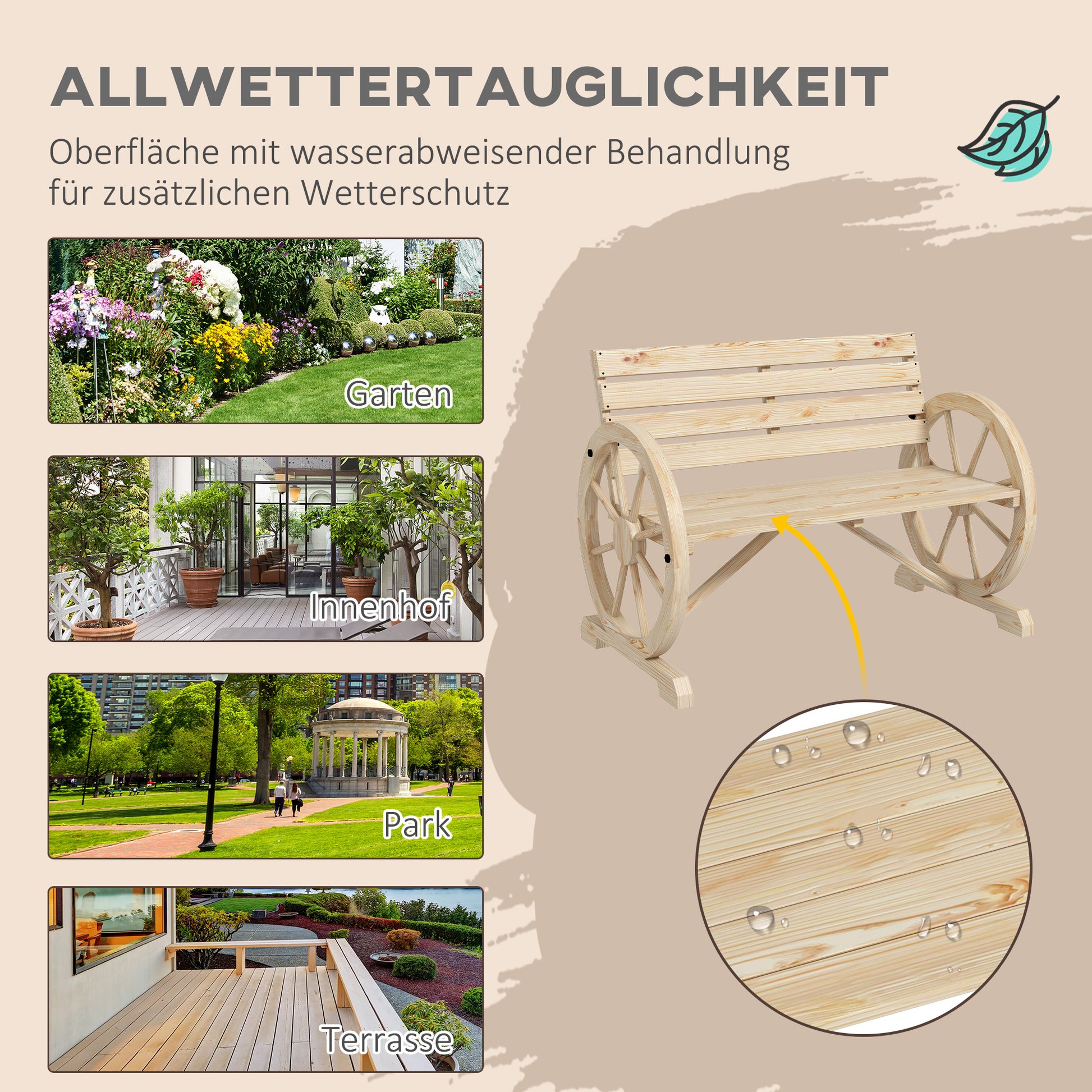 2-Seater Garden Bench, Weatherproof Bench, Garden Furniture with Backrest, Armrests in Wheel Shape Park Bench 240kg Load-Bearing, Balcony Bench, Wooden Bench for Balcony, Garden, 105.5 x 56 x 79 cm, Natural Wood