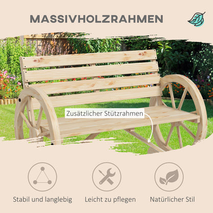 2-Seater Garden Bench, Weatherproof Bench, Garden Furniture with Backrest, Armrests in Wheel Shape Park Bench 240kg Load-Bearing, Balcony Bench, Wooden Bench for Balcony, Garden, 105.5 x 56 x 79 cm, Natural Wood