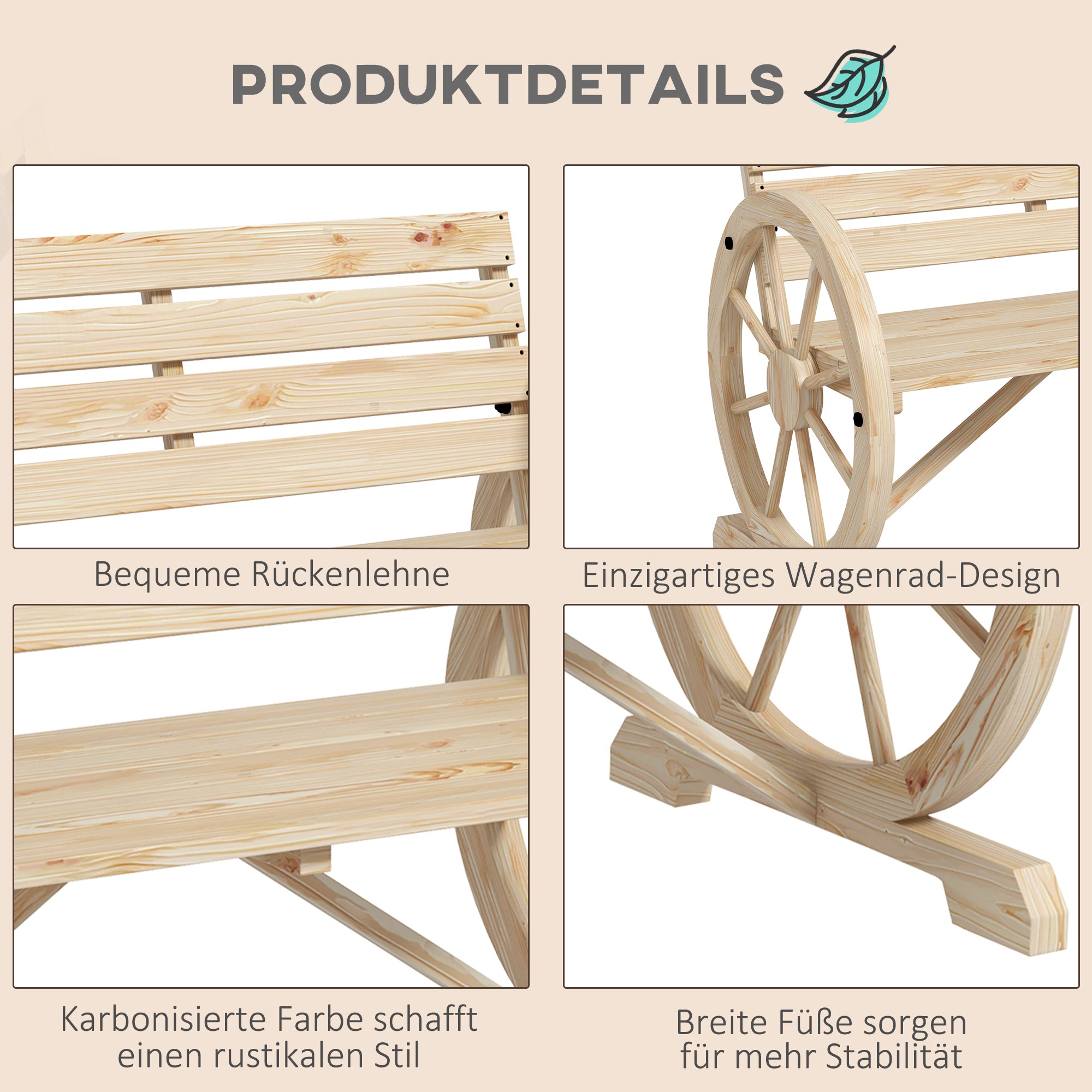 2-Seater Garden Bench, Weatherproof Bench, Garden Furniture with Backrest, Armrests in Wheel Shape Park Bench 240kg Load-Bearing, Balcony Bench, Wooden Bench for Balcony, Garden, 105.5 x 56 x 79 cm, Natural Wood
