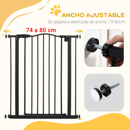 Extensible Dog Safety Gate 74-80 cm for Doors and Stairs Pet Safety Gate with Pressure Mount and Double Lock Black