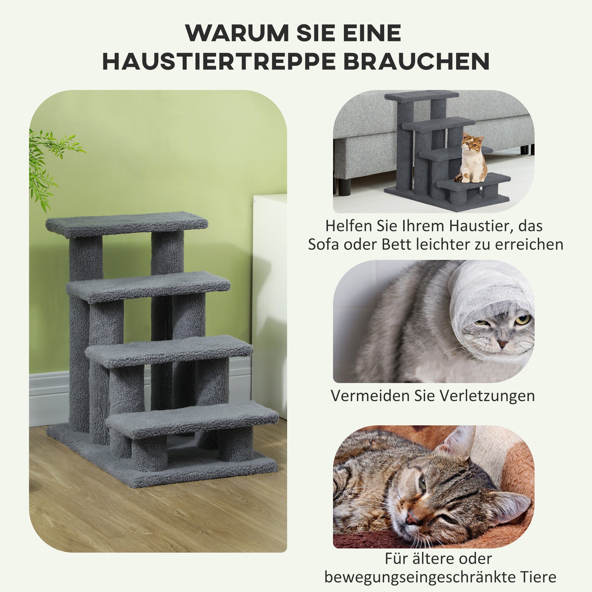 Pet Stairs Cat Stairs Dog Stairs Stairs for Cats and Dogs 4 Steps Gray 63.5x43x60cm