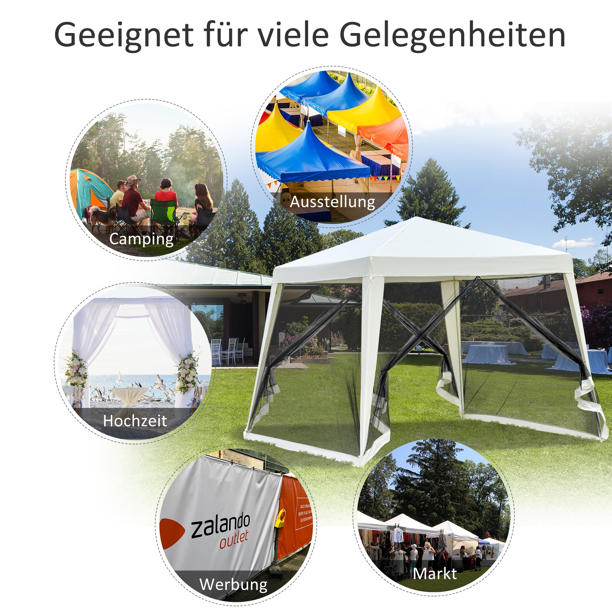 Garden Pavilion Gazebo Party Tent Weatherproof Tent with Mosquito Net Metal + Polyester Cream White 3 x 3 m