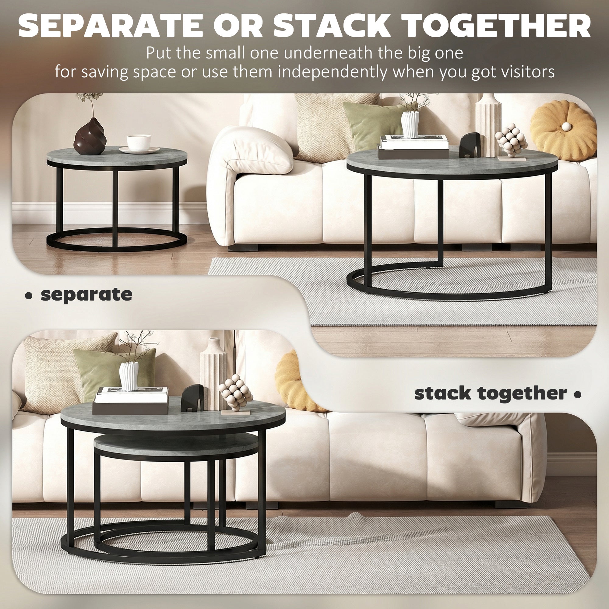 2-Piece Round Nesting Coffee Table Set, Cement-Look Top with Metal Frame — 30.9 x 30.9 x 18.3 in (78.5 x 78.5 x 46.5 cm), Gray