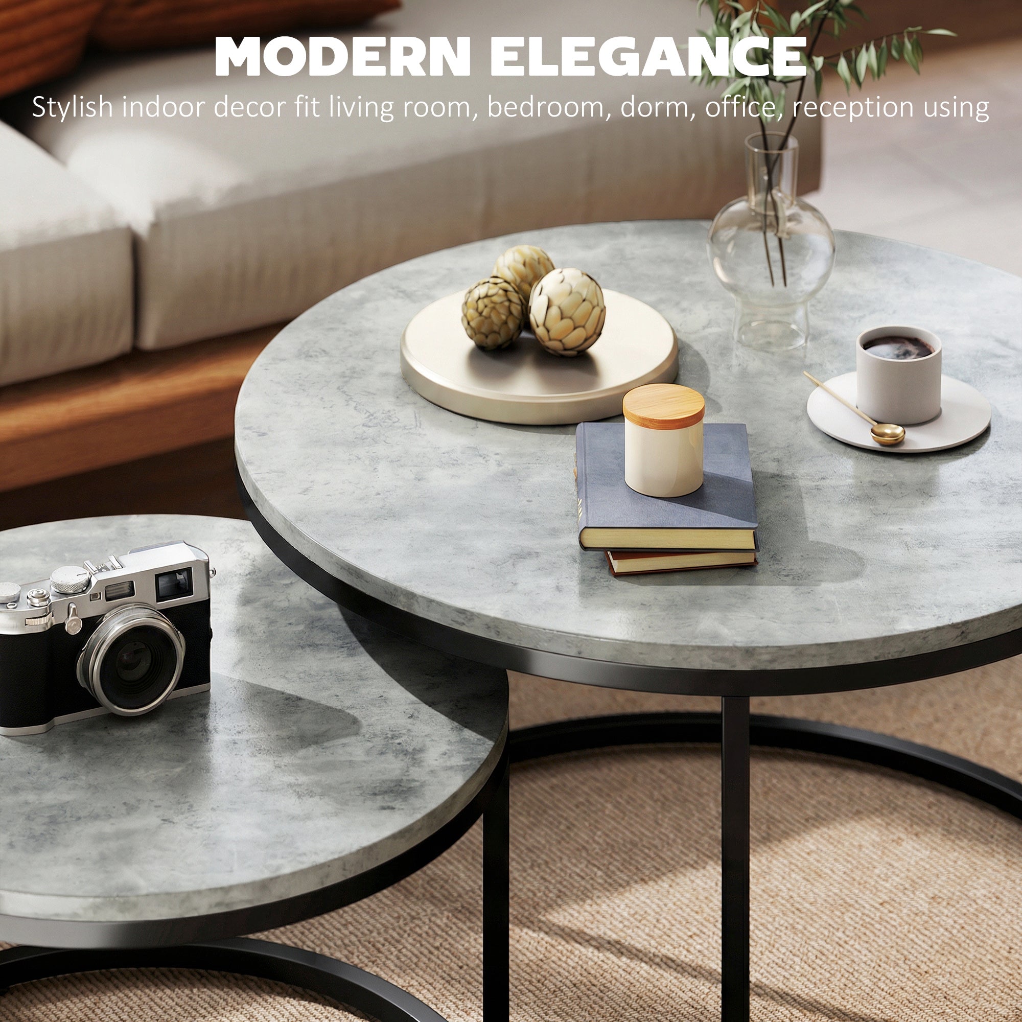 2-Piece Round Nesting Coffee Table Set, Cement-Look Top with Metal Frame — 30.9 x 30.9 x 18.3 in (78.5 x 78.5 x 46.5 cm), Gray