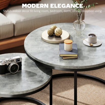 2-Piece Round Nesting Coffee Table Set, Cement-Look Top with Metal Frame — 30.9 x 30.9 x 18.3 in (78.5 x 78.5 x 46.5 cm), Gray