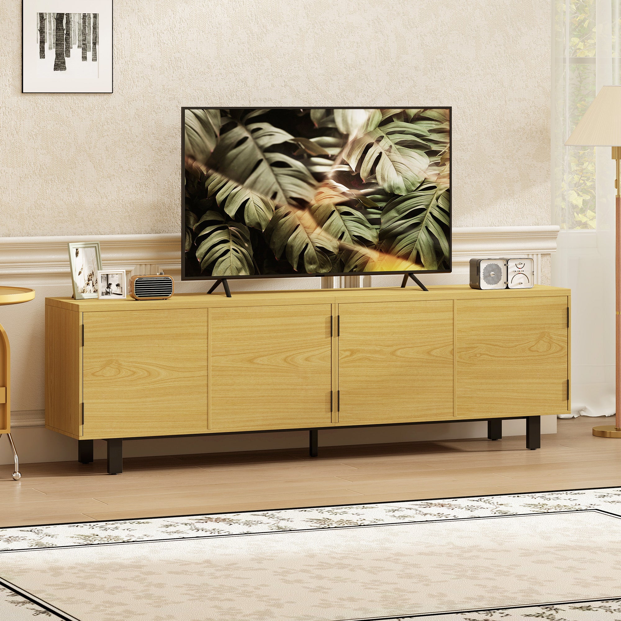 71 in (180 cm) TV Stand — Natural Wood Effect Cabinet for TVs up to 82 in, 4 Push-to-Open Doors