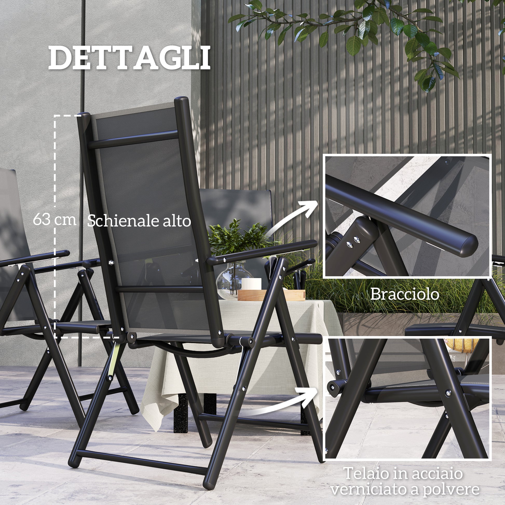 Set of 4 Foldable and Breathable Garden Chairs with Armrests, Outdoor Folding Chairs in Steel and Polyester, Maximum Load 120 Kg, 56x69x106 cm, Gray