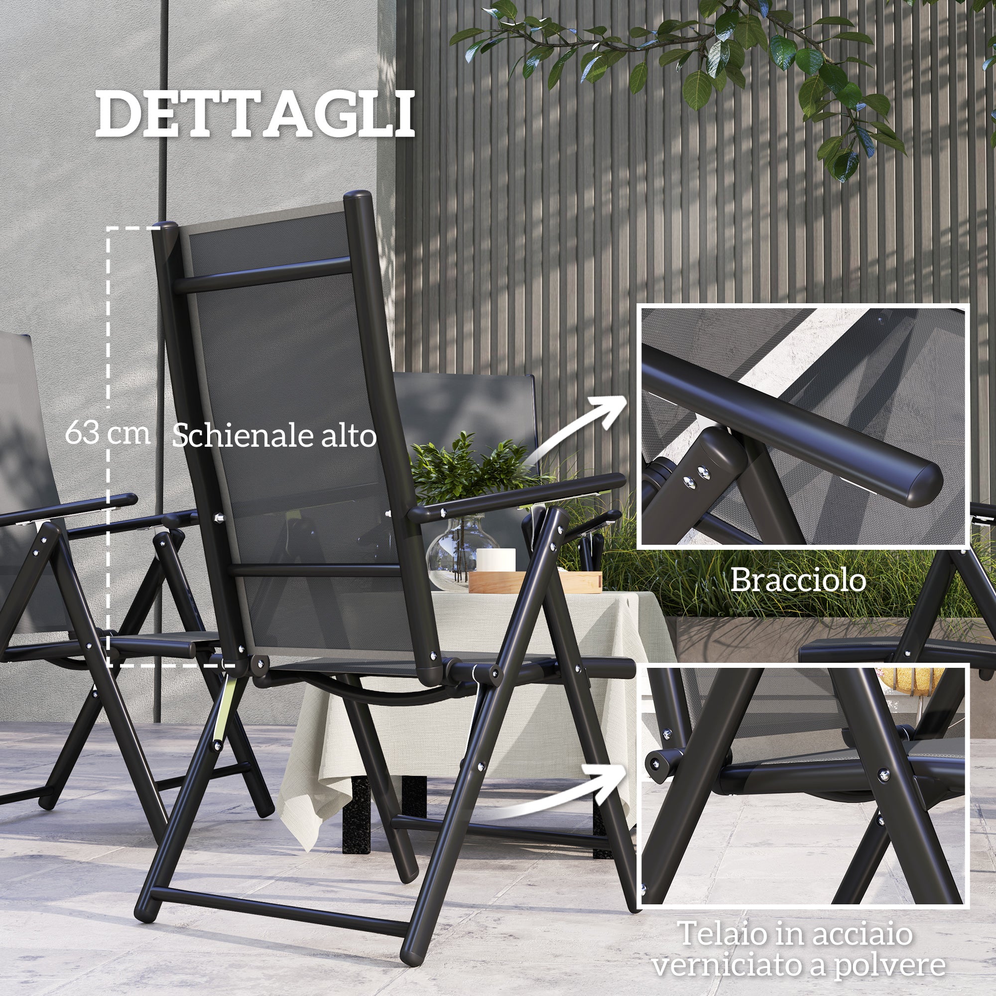 Set of 4 Foldable and Breathable Garden Chairs with Armrests, Outdoor Folding Chairs in Steel and Polyester, Maximum Load 120 Kg, 56x69x106 cm, Gray