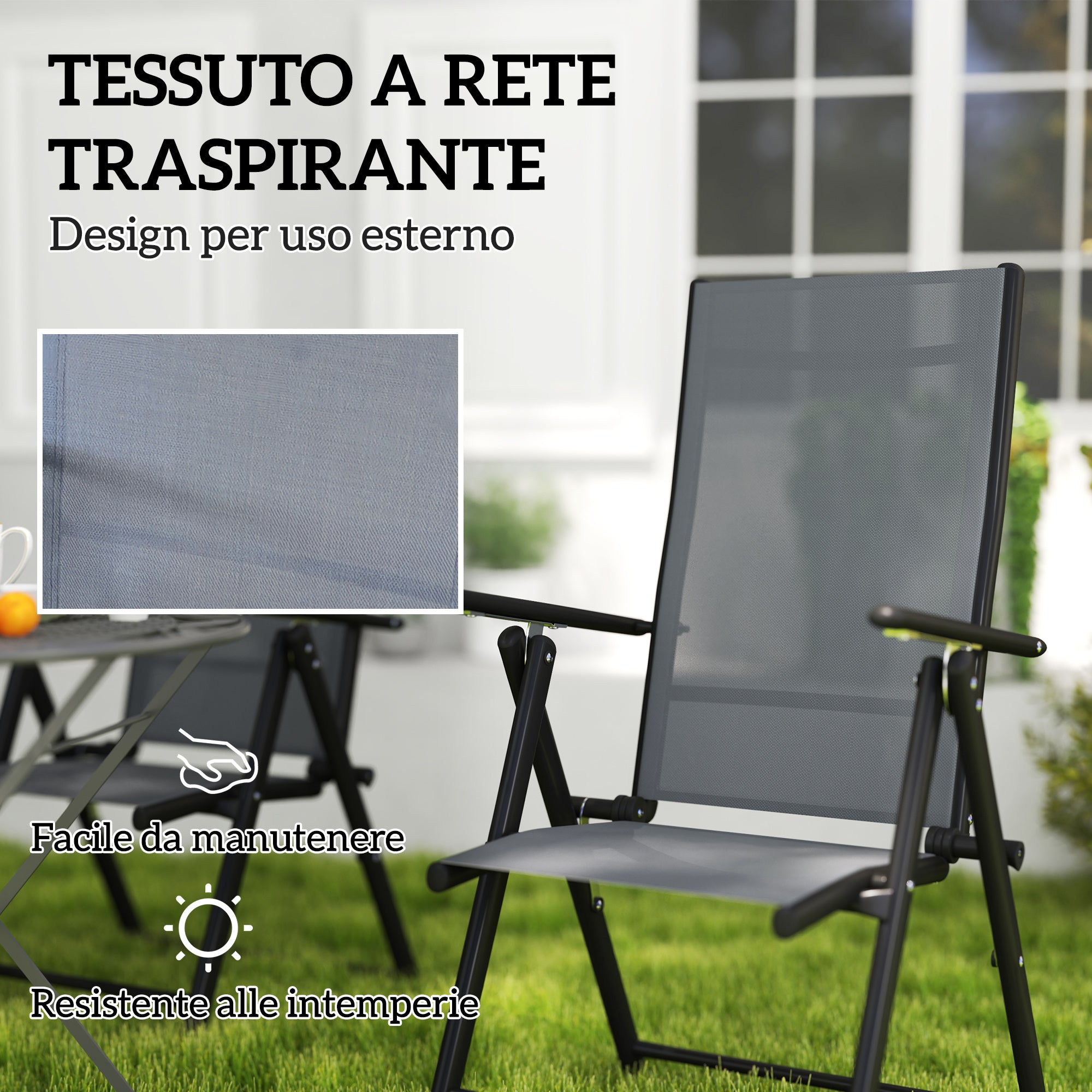 Set of 4 Foldable and Breathable Garden Chairs with Armrests, Outdoor Folding Chairs in Steel and Polyester, Maximum Load 120 Kg, 56x69x106 cm, Gray