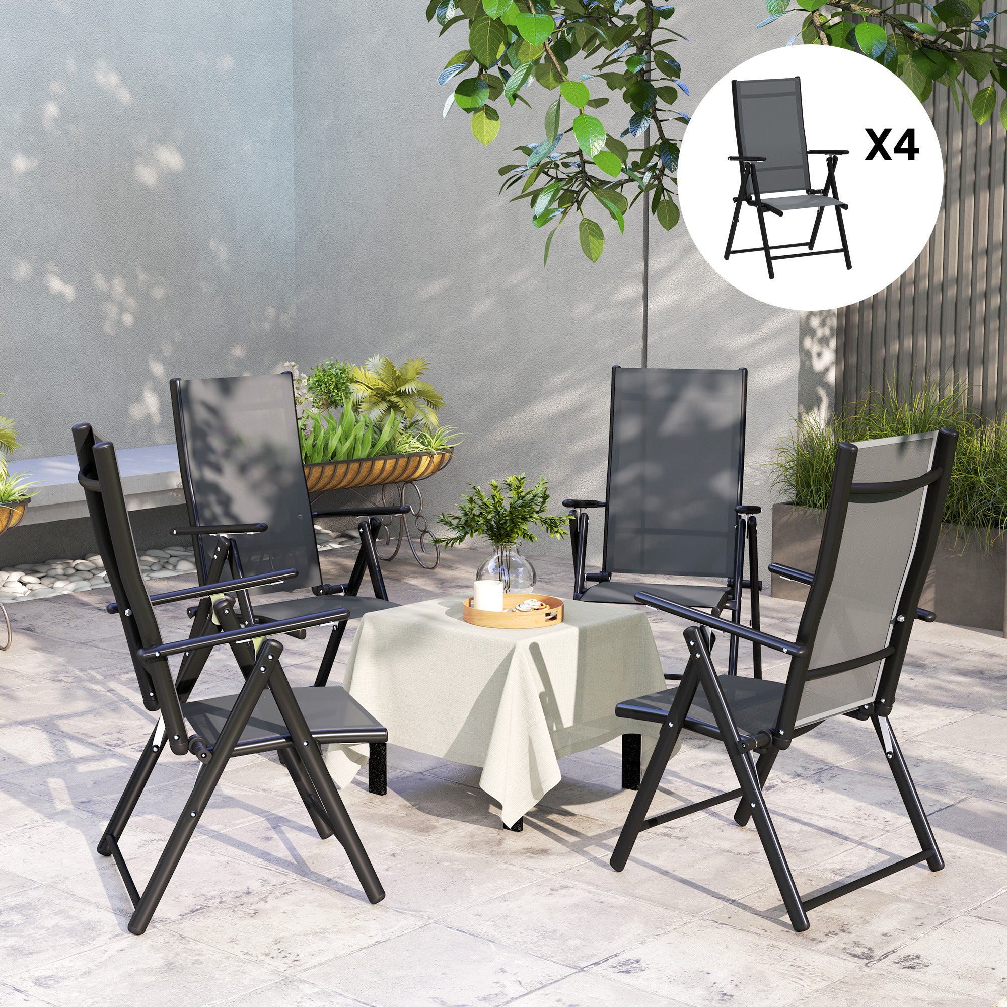 Set of 4 Foldable and Breathable Garden Chairs with Armrests, Outdoor Folding Chairs in Steel and Polyester, Maximum Load 120 Kg, 56x69x106 cm, Gray