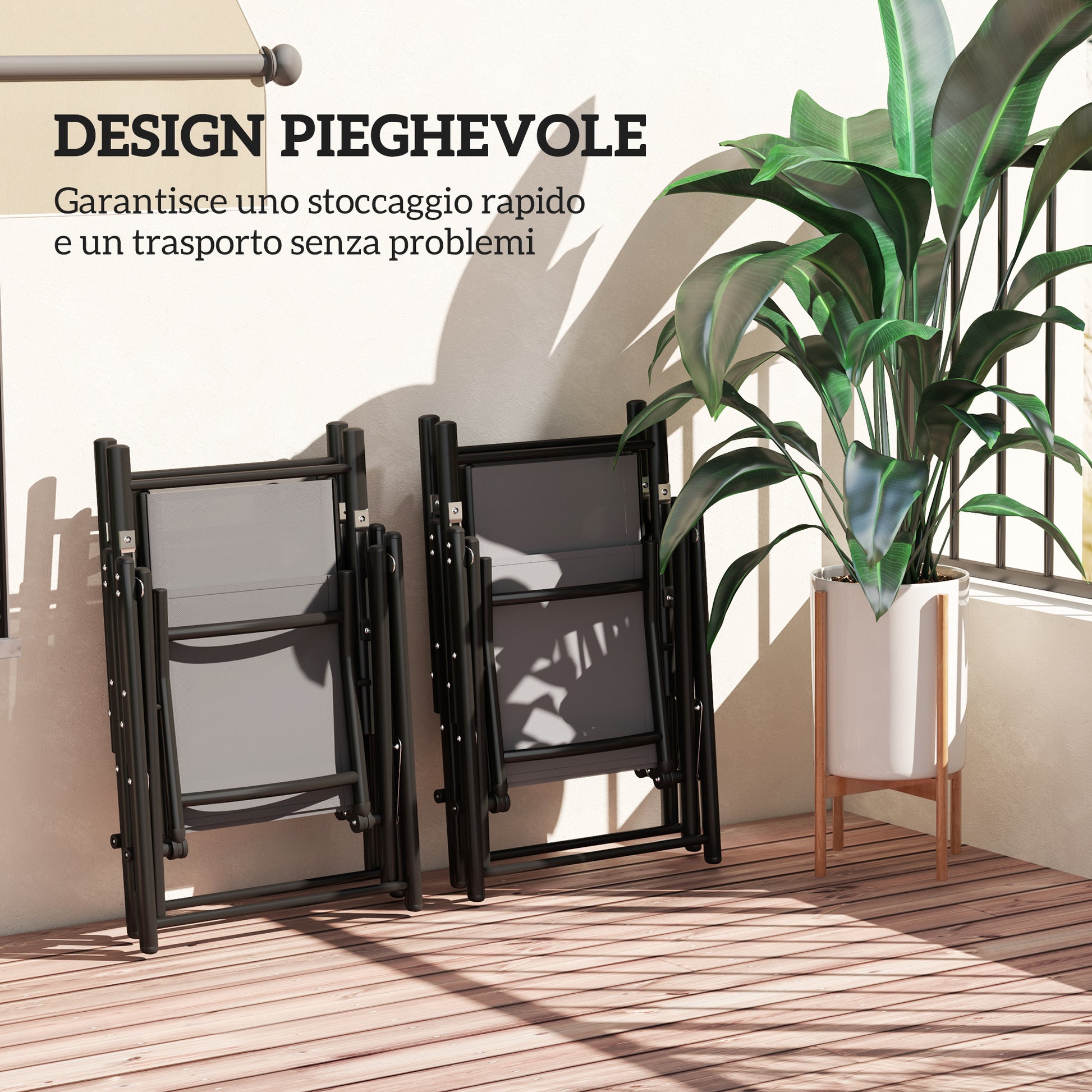 Set of 4 Foldable and Breathable Garden Chairs with Armrests, Outdoor Folding Chairs in Steel and Polyester, Maximum Load 120 Kg, 56x69x106 cm, Gray