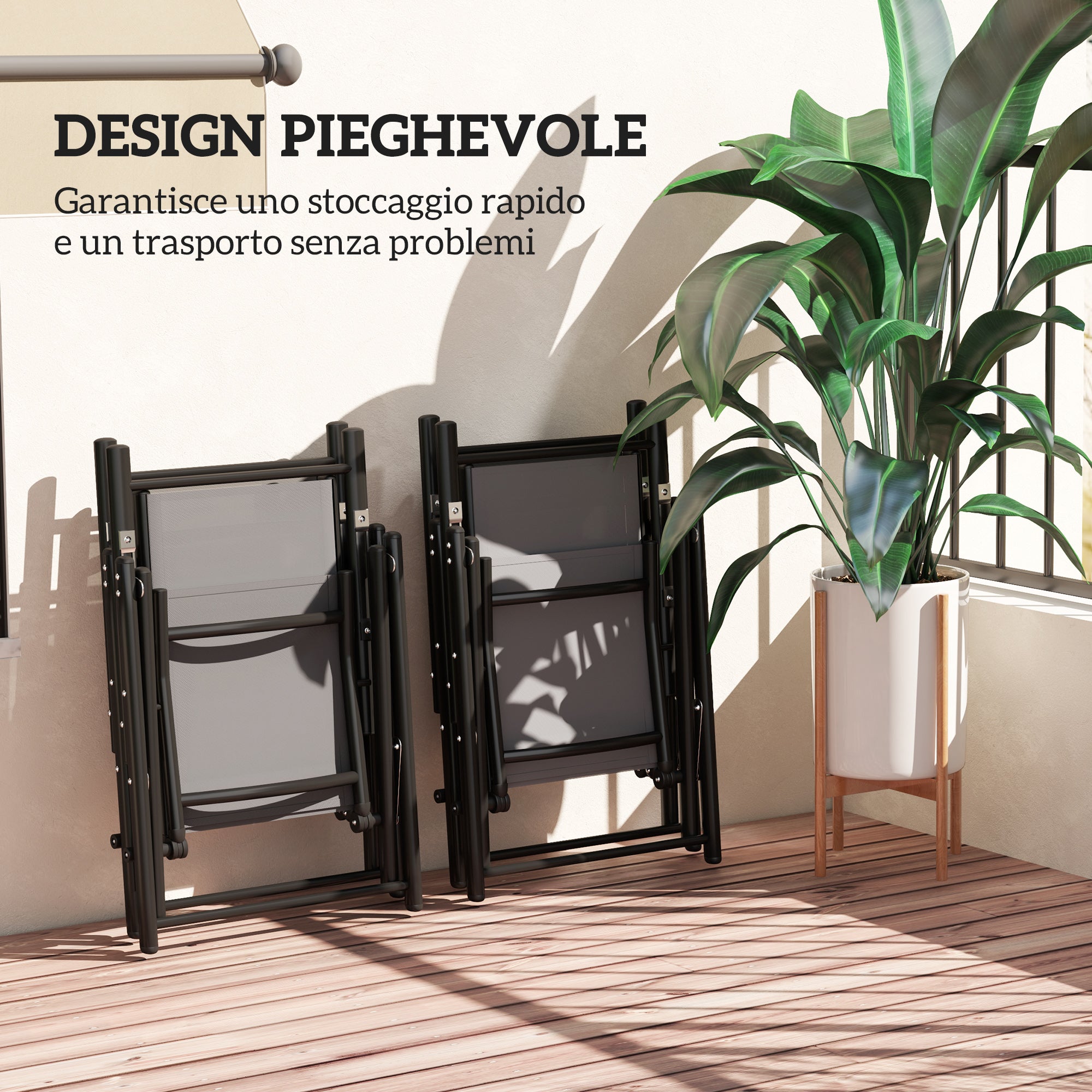 Set of 4 Foldable and Breathable Garden Chairs with Armrests, Outdoor Folding Chairs in Steel and Polyester, Maximum Load 120 Kg, 56x69x106 cm, Gray