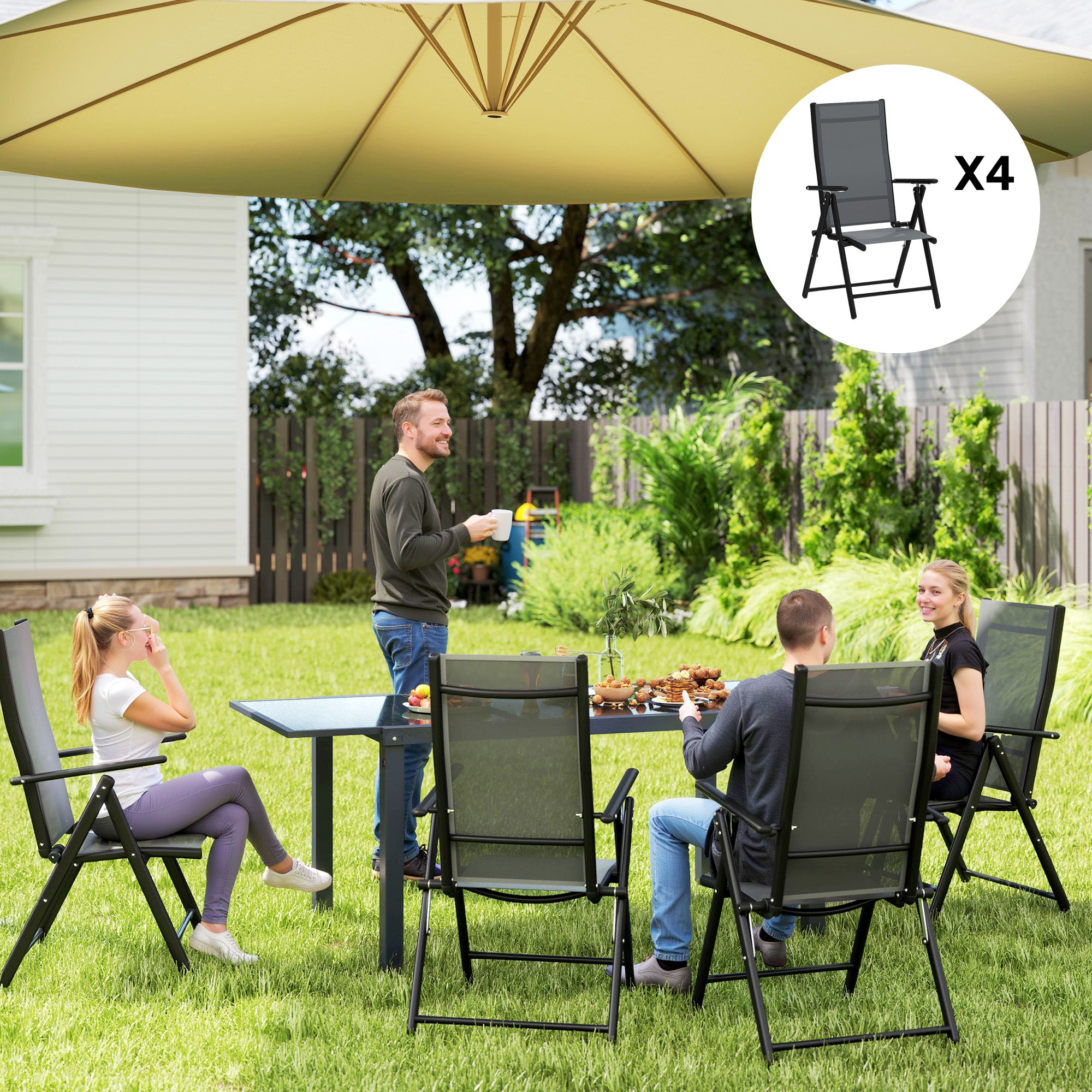 Set of 4 Foldable and Breathable Garden Chairs with Armrests, Outdoor Folding Chairs in Steel and Polyester, Maximum Load 120 Kg, 56x69x106 cm, Gray