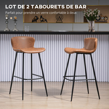 Set of 2 bar stools with faux leather seat, 76 cm height with steel footrest and vintage design backrest - brown