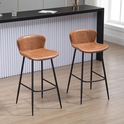 Set of 2 bar stools with faux leather seat, 76 cm height with steel footrest and vintage design backrest - brown