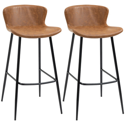 Set of 2 bar stools with faux leather seat, 76 cm height with steel footrest and vintage design backrest - brown