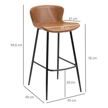 Set of 2 bar stools with faux leather seat, 76 cm height with steel footrest and vintage design backrest - brown