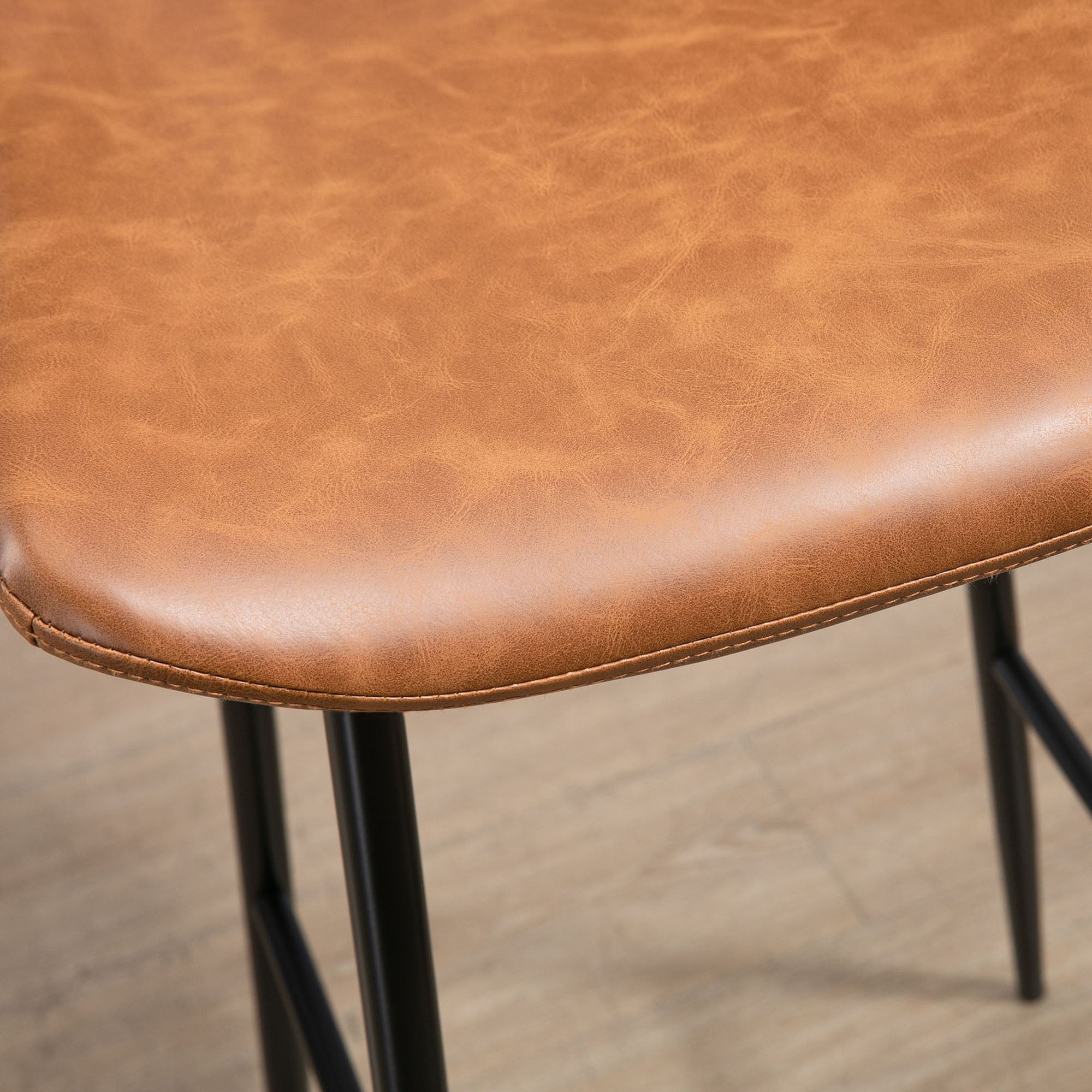 Set of 2 bar stools with faux leather seat, 76 cm height with steel footrest and vintage design backrest - brown