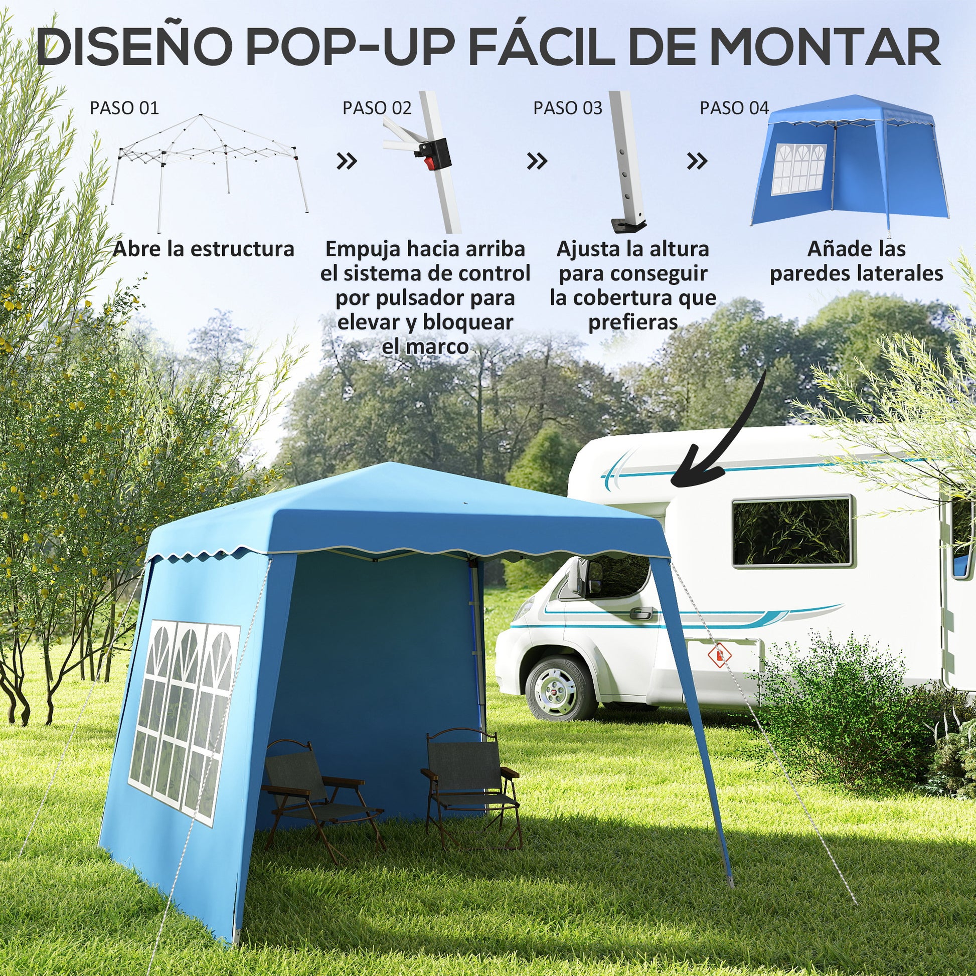 Pop-up Foldable Canopy 3x3 m Garden Gazebo with 2 Side Walls Adjustable Height and Transport Bag UV50+ Waterproof Canopy for Camping Parties Outdoor Blue