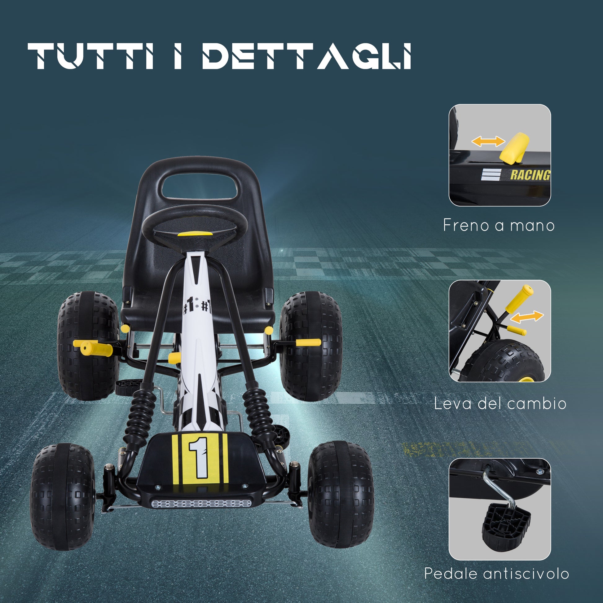 Kids Pedal Go Kart with Adjustable Seat, Brake, and Clutch, 95x66.5x57cm, White Black