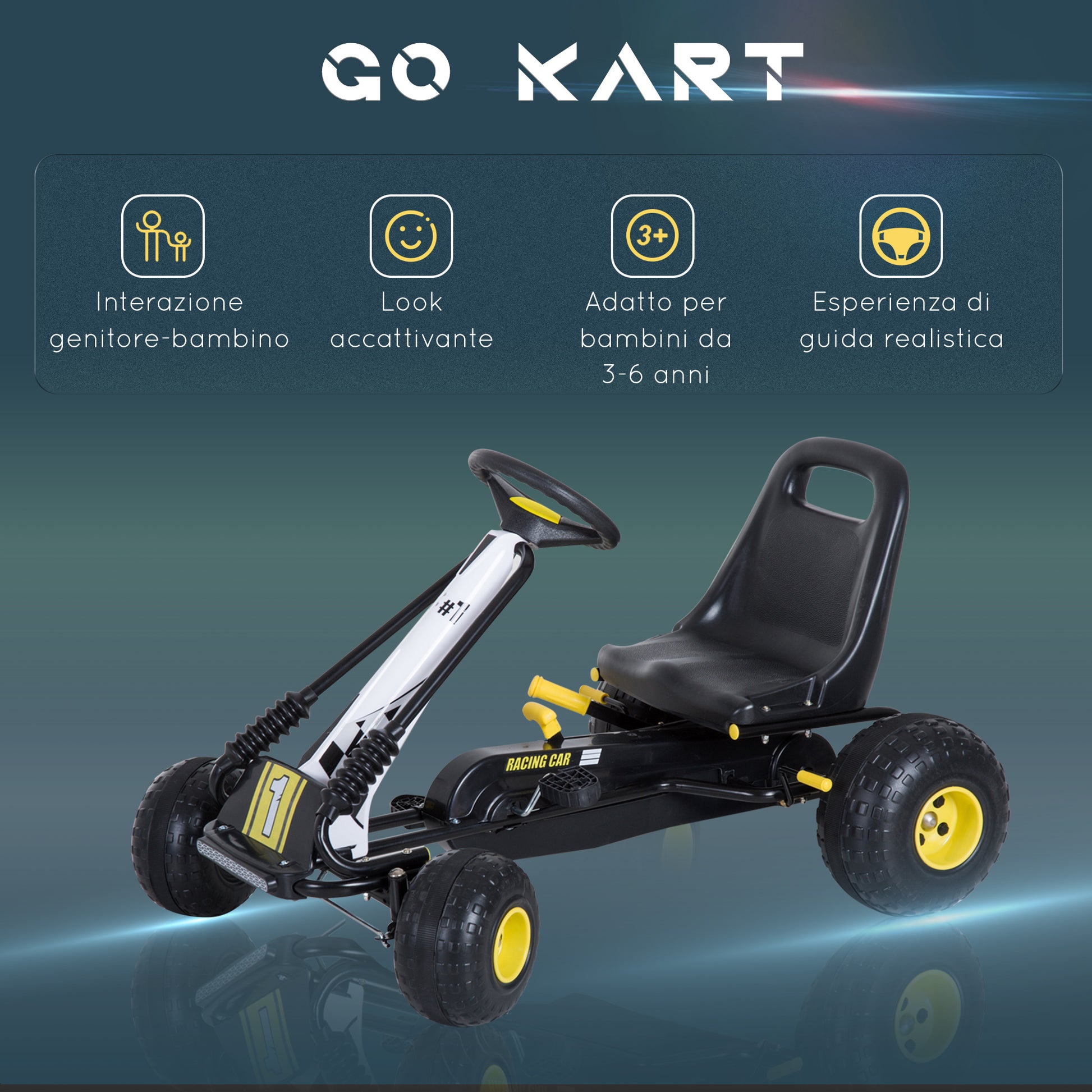 Kids Pedal Go Kart with Adjustable Seat, Brake, and Clutch, 95x66.5x57cm, White Black