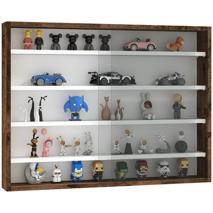 Collection Showcase Wall Cabinet 80 x 9.5 x 60 cm with 4 Adjustable Height Shelves and 2 Sliding Glass Doors, for Collecting Miniatures and Miniature Cars, Brown