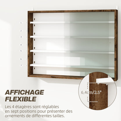 Collection Showcase Wall Cabinet 80 x 9.5 x 60 cm with 4 Adjustable Height Shelves and 2 Sliding Glass Doors, for Collecting Miniatures and Miniature Cars, Brown